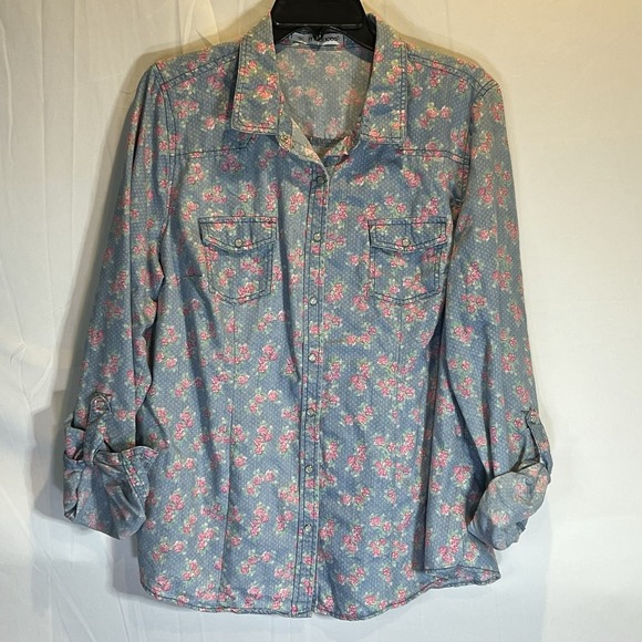 Maurices Womens Size 1 Denim Long Sleeve Button Up Shirt‎ Pink Rose Floral - Picture 1 of 5